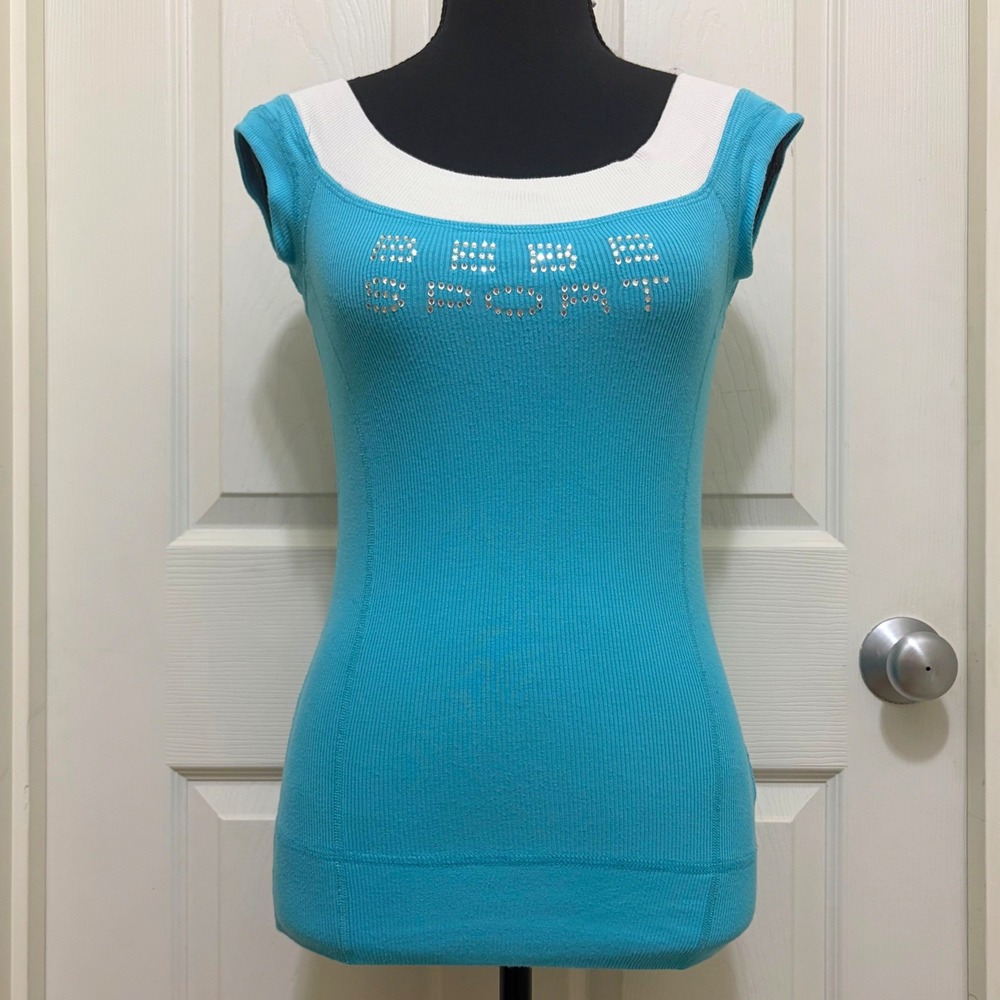 Vintage Y2K Bebe Sport Ribbed Top Blue XS S M Rhinestone McBling USA Made 2000s